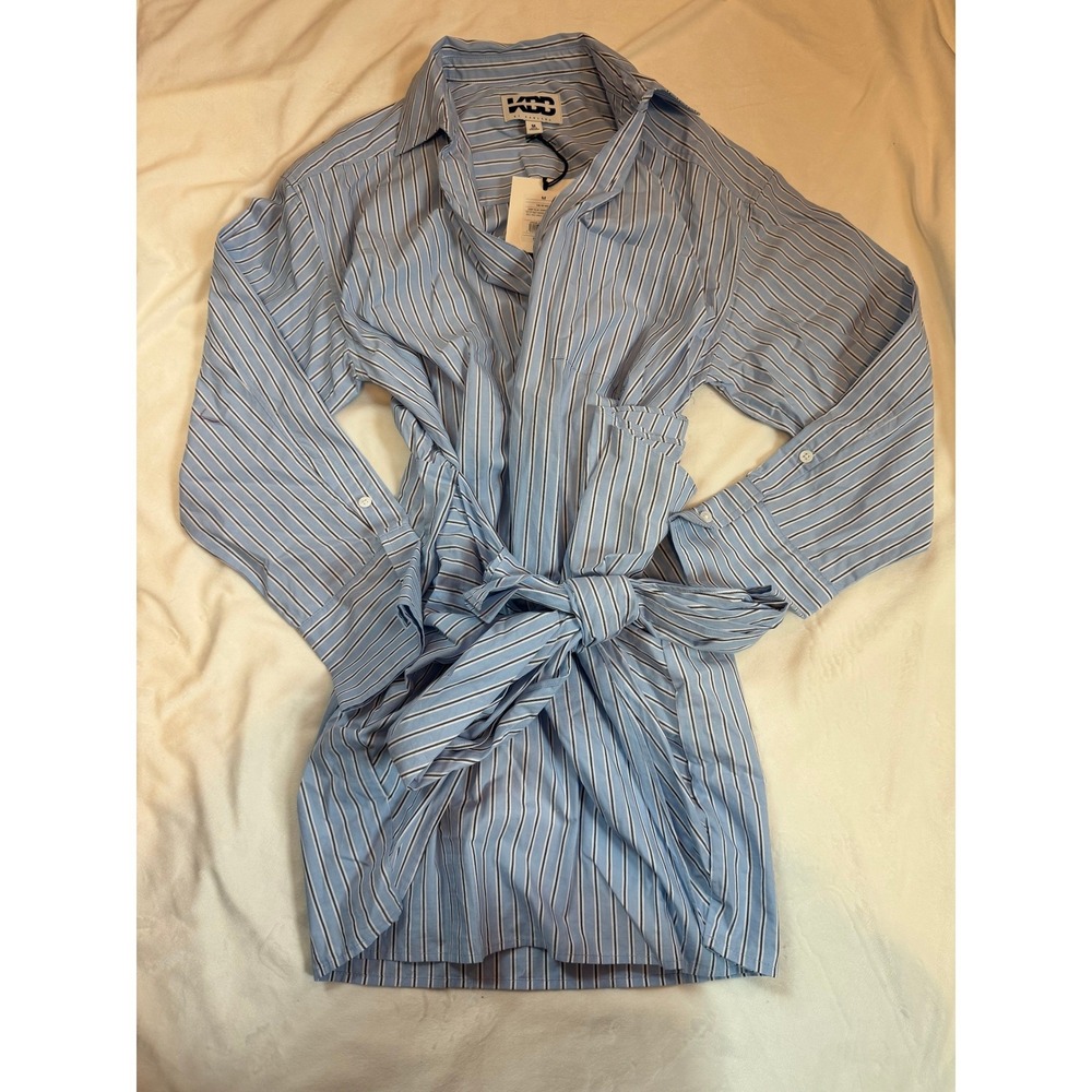 KBB by Kahlana Blue Striped Tie Front Shirt Dress Mini Long Sleeve Cotton M NEW